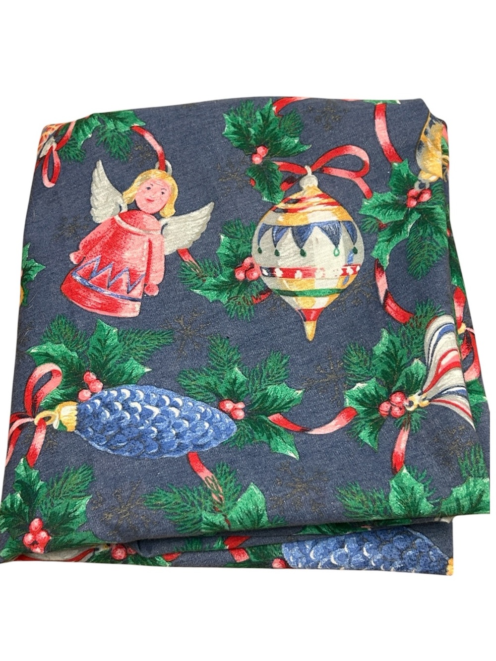 Vintage Christmas Oval Tablecloth Blue Retro Angels Ornaments Pinecones